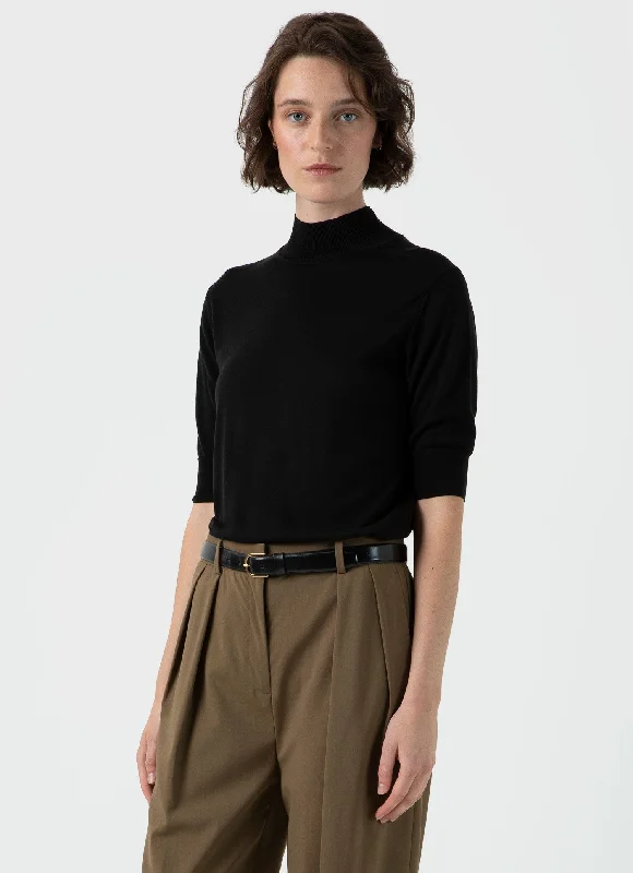 Women's Blouse with Asymmetrical HemWomen's Mulberry Silk Mock Neck Top in Black