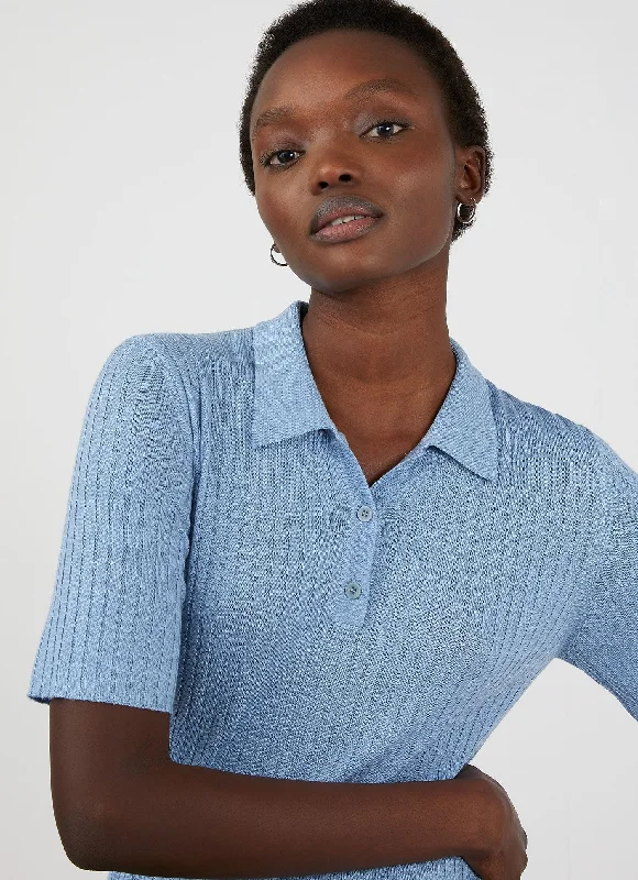 Women's Blouse with Shirt CollarWomen's Merino Silk Polo in Blue Mist