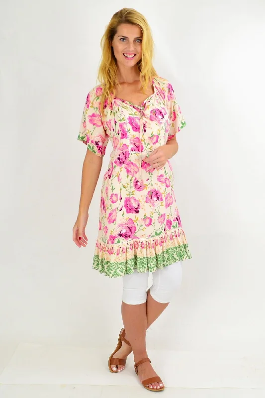 Women's Edgy ShortsPink Rose Flowy Tunic Dress