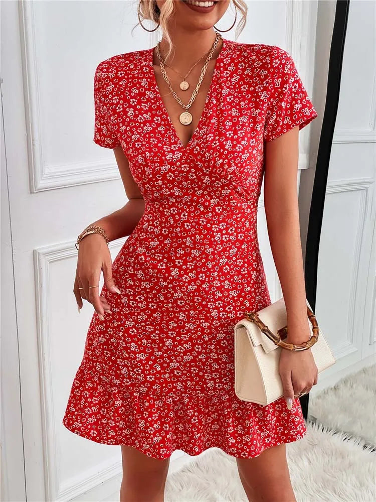 Women's Notched Collar DressesFashionSierra - 2024 Summer Short V-Neck Floral Ladies Mini Boho Dress