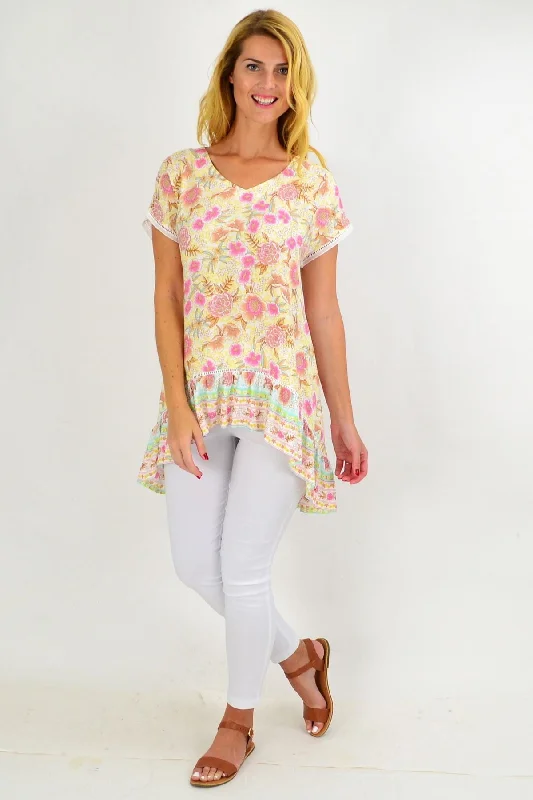 Women's Moisture-Wicking ShortsYellow Pink Floral Hi Low Tunic Top