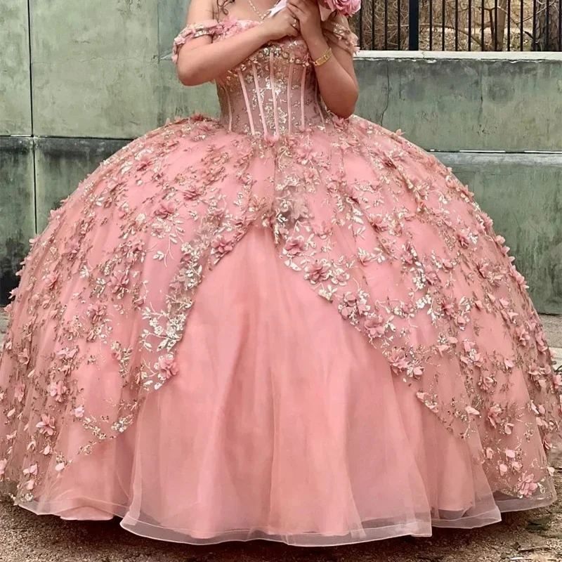 Women's Round-Neck DressesPrincess Girls Quinceanera Dresses Applique Lace Flower Tull Lace Up Ball Gown Bithday Party Prom