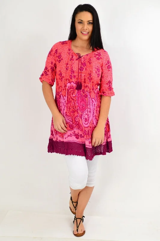 Women's Animal Print ShortsOrange Pink Paisley Lace Trim Tunic Top