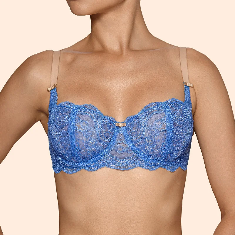 wireless bra with molded cupsAjour Lingerie Sheer Lace Balcony Bra in French Blue/Nude