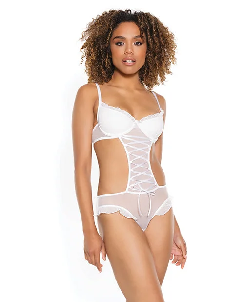 racerback sports braStretch Mesh Ruffled Crotchless Teddy White Lg