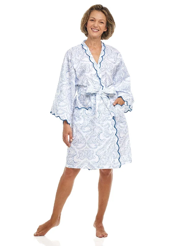 women's cotton pajama setsBlue Paisley Short Kimono Robe