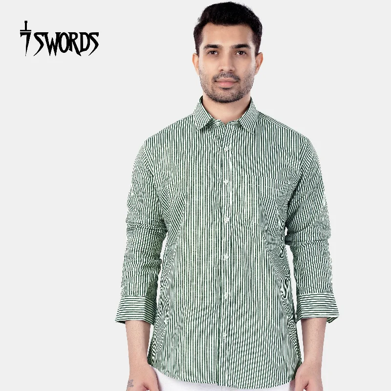 Women's Blouse with Belt7swords-Bright White and Cactus Green Striped Premium Cotton Shirt