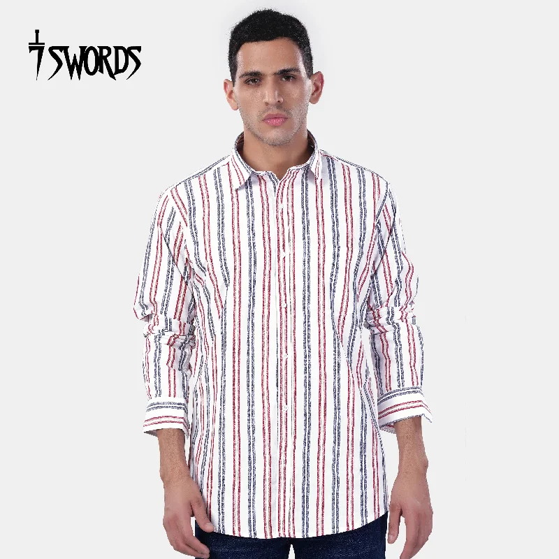 Women's Blouse for Office7swords-Bright White and Maple Red Multicolour Striped Premium Cotton Shirt