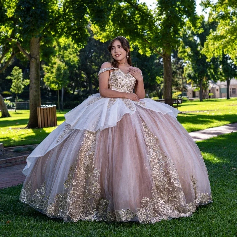 Women's Narrow Collar DressesSexy Off Shoulder Ball Gown Quinceanera Dress 2024 Tulle Gold Appliques Lace Sweet 15 16 Years Birthday Party Formal