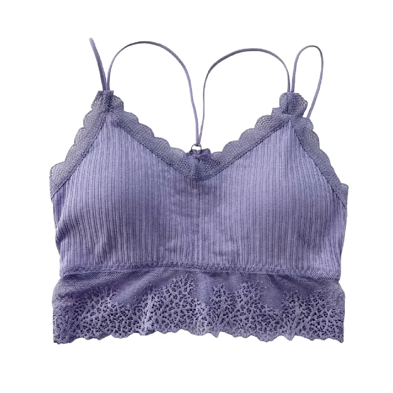 seamless bra with mesh lining for breathabilityLavender Ribbed Lace Trim Racerback Bralette