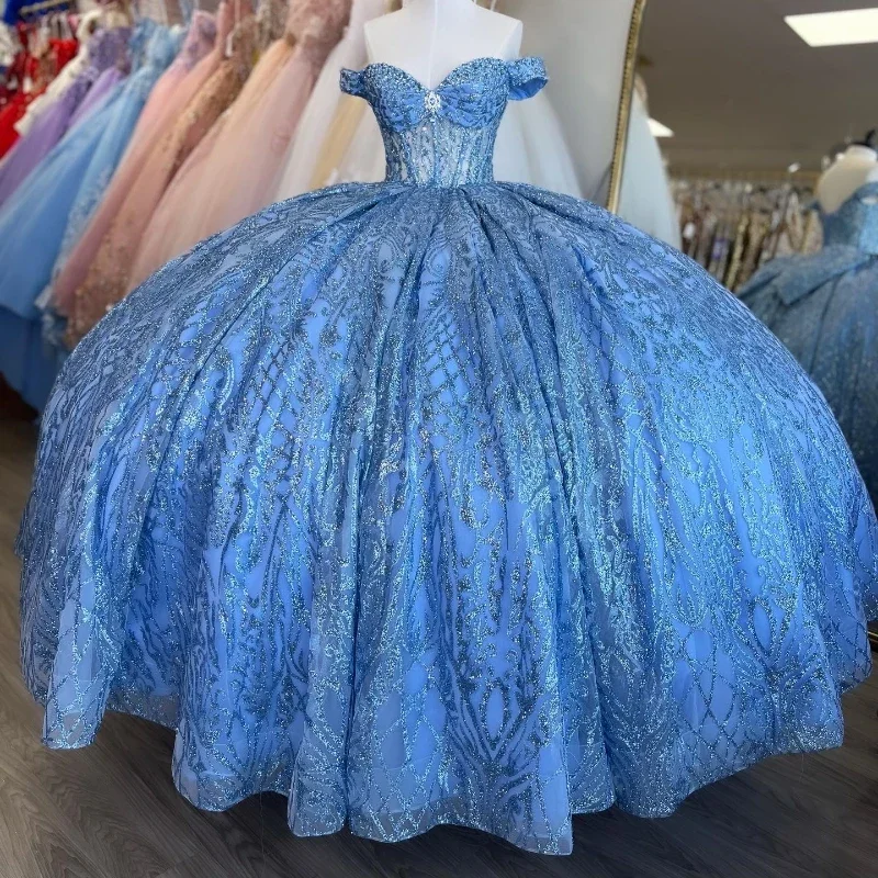 Women's Square-Back DressesSky Blue Glittering Quinceanera Dresses Lace Beading Off the Shoulder Formal Birthday Party Ball Gown Vestidos De 15 Anos Gowns