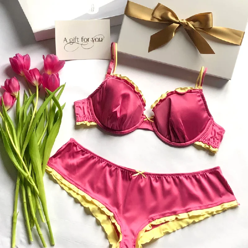 lace appliqué braGlamour Satin Lingerie Gift Set - Bra, Short and Thong in a Gift Box (A to F cup)