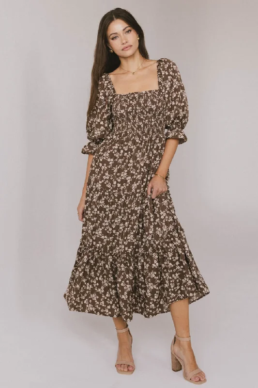 Women's Narrow Collar DressesKiran Floral Midi Dress in Brown