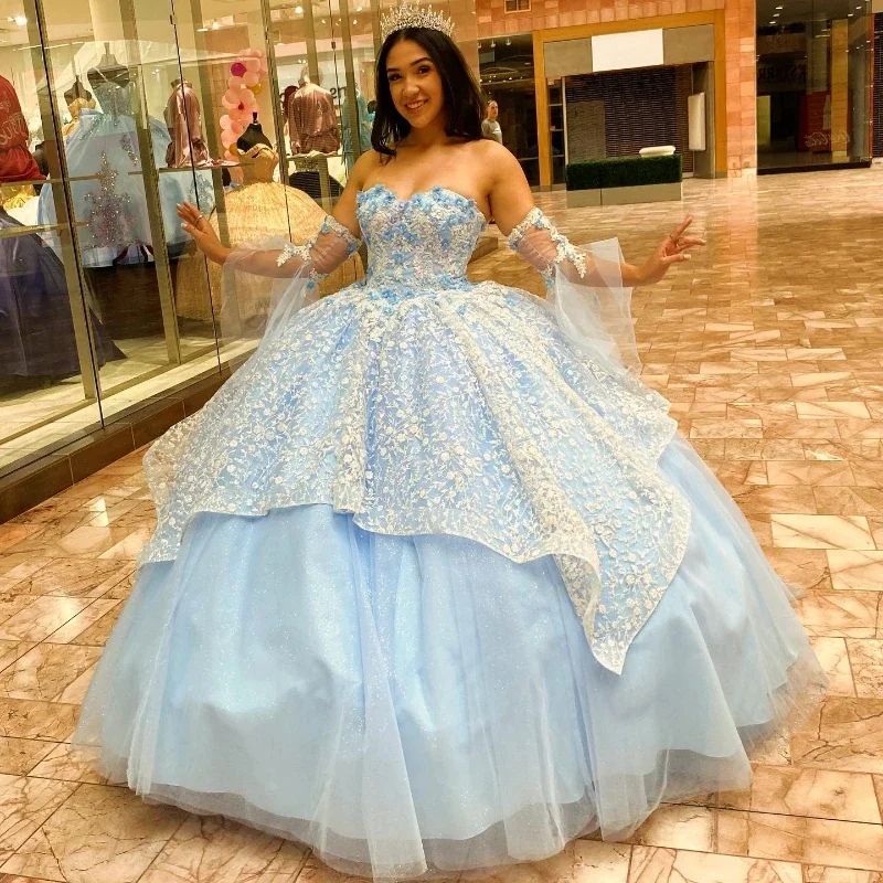 Women's U-Shaped Collar DressesSky Blue Quinceanera Dresses For Sweet 16 Princess Gown Applique Lace Beading Birthday Party Prom Dresses Vestido De 15Anos