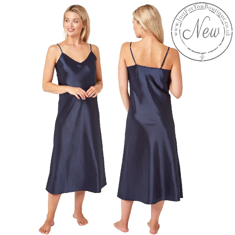 women's pajamas with elastic waistbandsLong Full Length Plain Indigo Blue Sexy Satin Chemise Nightdress Negligee PLUS SIZE