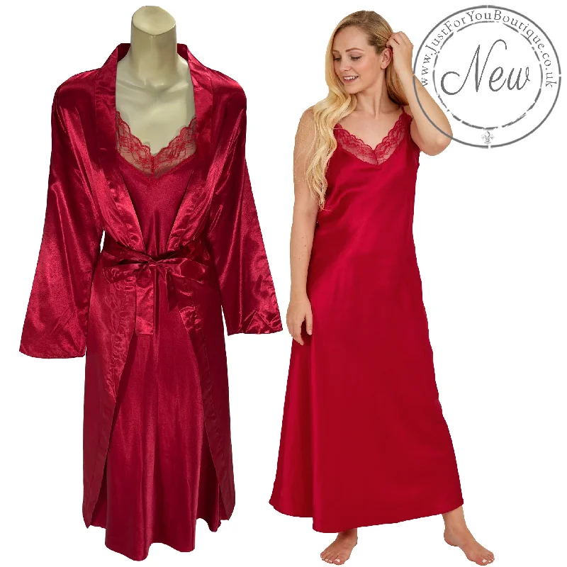 women's pajamas with pockets on legsLong Full Length Red Sexy Satin & Lace Chemise & Wrap Set