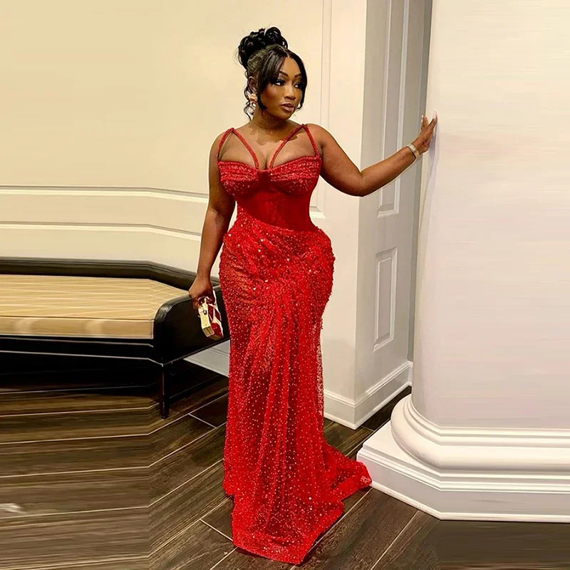 Women's Collarless DressesSexy Red Aso Ebi Mermaid Prom Dresses Lace Pearls Beaded Spaghetti Evening Gowns African Girls Formal Occasion Party Dress