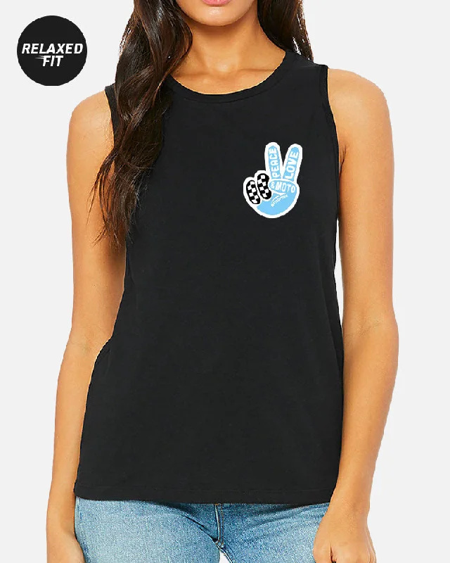 Women's Blouse with Straight HemWOMENS PEACE LOVE MOTO MUSCLE TANK - BLACK