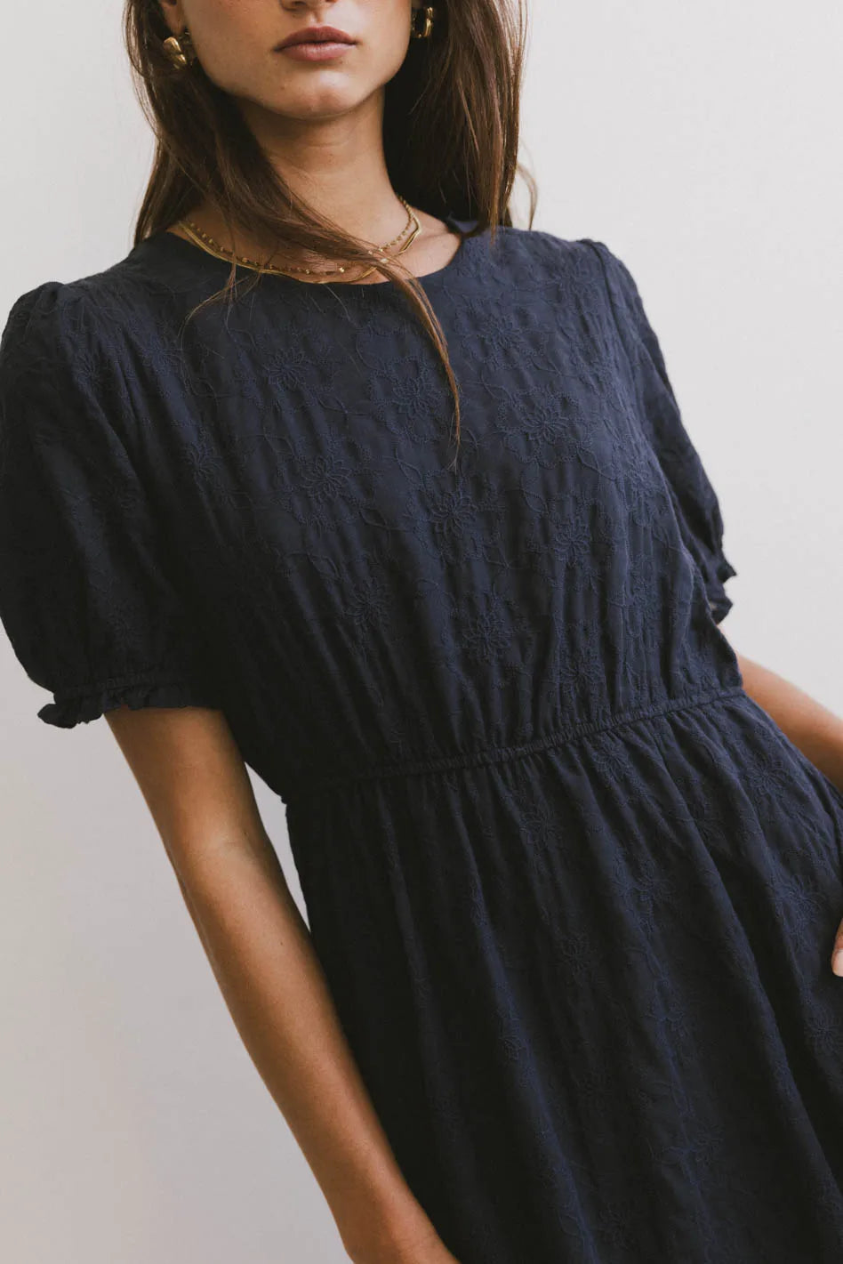 Women's Collarless DressesCecy Embroidered Midi Dress in Navy