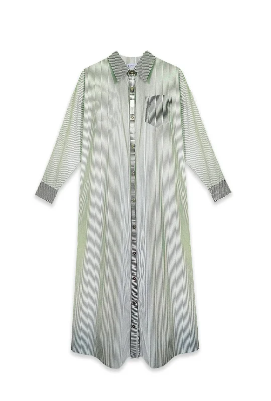 Women's V-Shaped-Neck DressesMidi Boyfriend Shirtdress - Olive Stripe