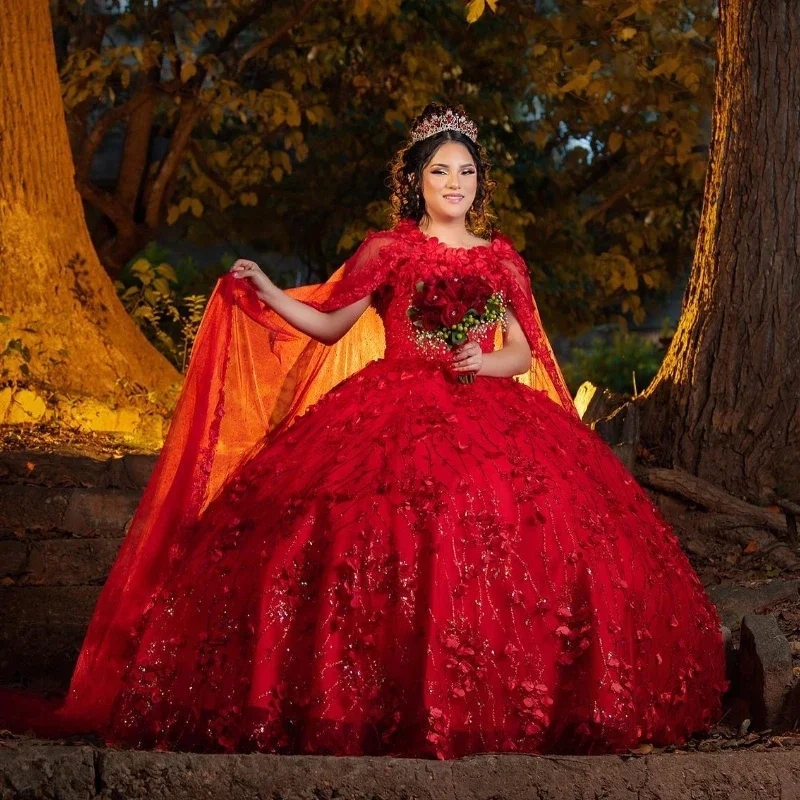 Women's Mandarin Collar DressesRed Shiny Off The Shoulder Quinceanera Dresses Ball Gown Appliques Lace Handmade Flowers Beads With Cape Sweet 15 Party Wear