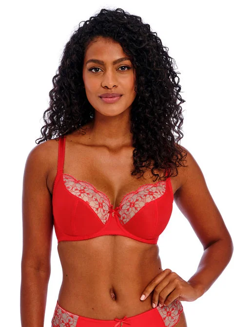 lace trim underwire bra for everyday wearHallie Chilli Red Uw Plunge Bra