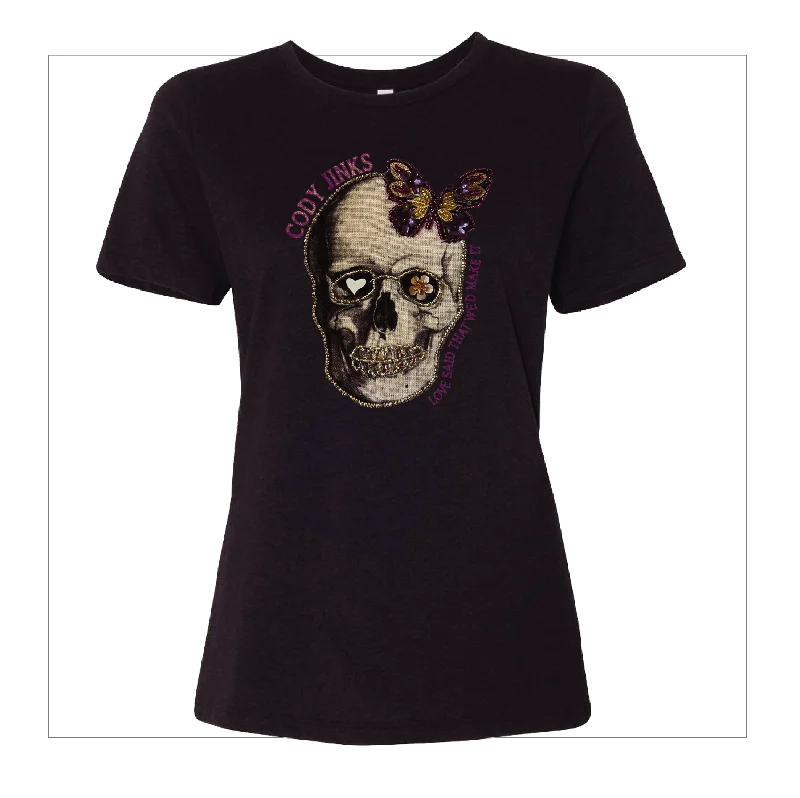 Women's Blouse with Low CollarT-Shirt - Ladies -  "Flower Skull" (BLACK)