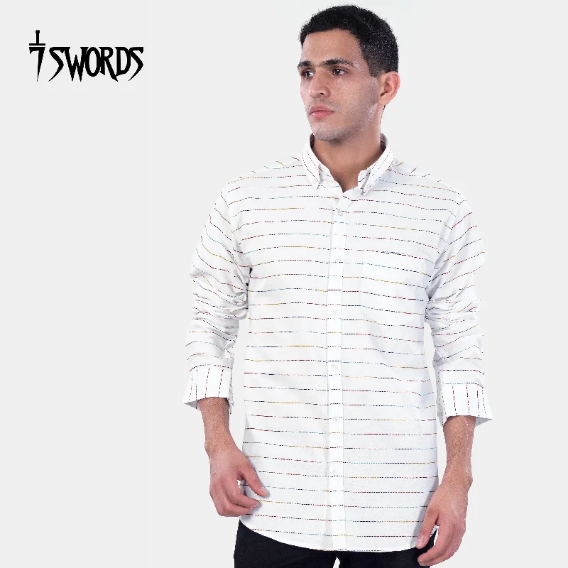 Women's Blouse with U-Shaped Collar7swords-Bright White Multicolour Striped Premium Cotton Shirt