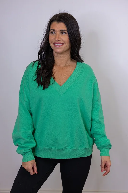 Women's Blouse with Collarless DesignTrending Green V Neck Sweatshirt