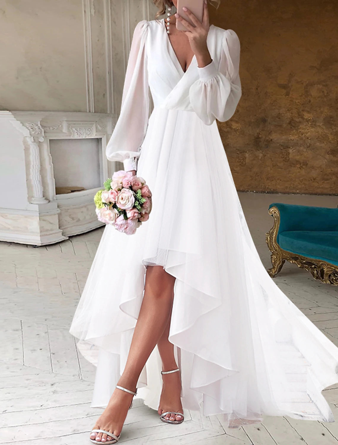 Women's Midi DressesWedding Dresses Little White Dresses Simple A-Line V Neck Long Sleeve Asymmetrical Chiffon Bridal Gowns Summer Wedding Party