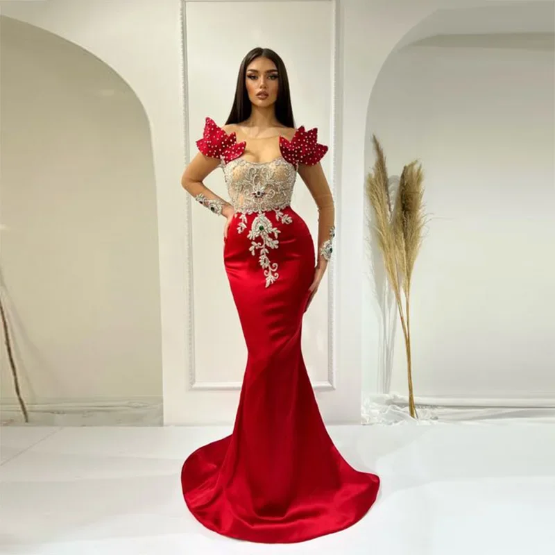 Women's High Collar DressesSaudi Arabia Red Mermaid Evening Gowns Sexy See Through Lace Appliques Beads Long Sleeves Prom Dresses Women Formal Party Dress