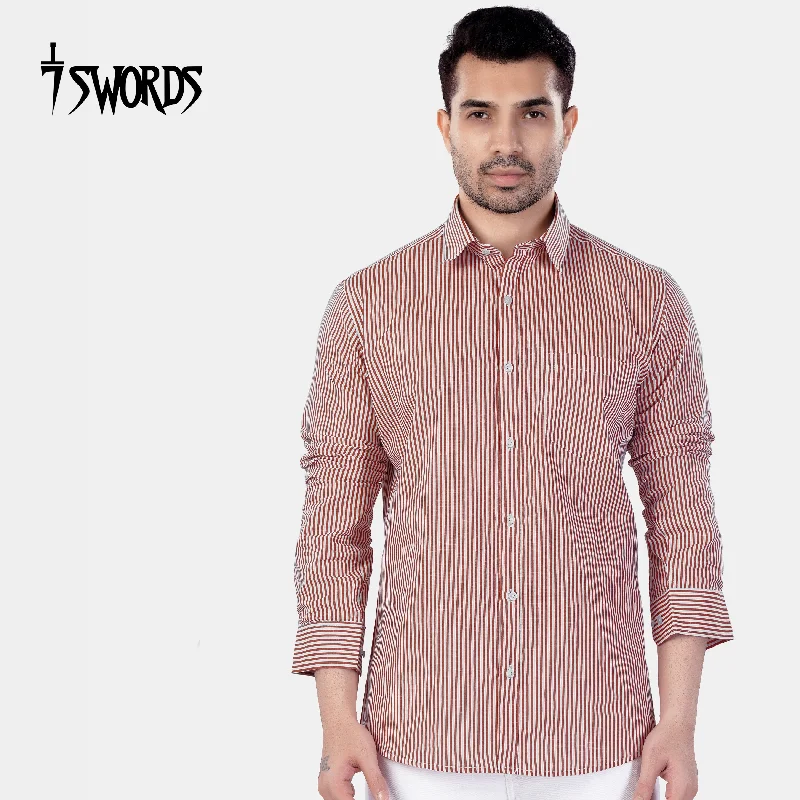 Women's Blouse with Zipper7swords-Blush Brown and Bright White Striped Premium Cotton Shirt