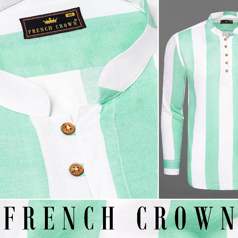 Women's Blouse with Shirt CollarSea Mist Green with Bright White Premium Tencel Kurta Shirt