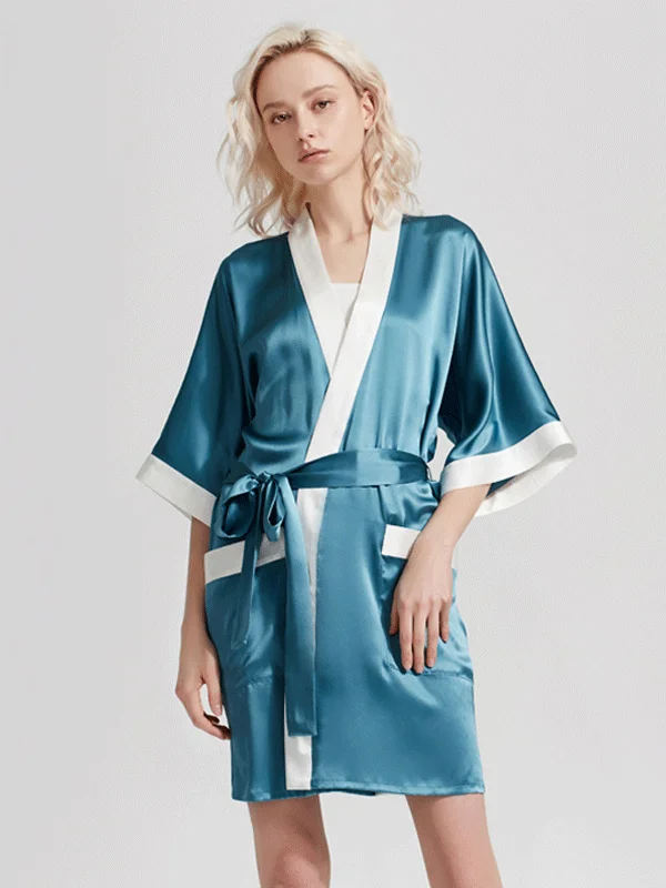 women's pajamas with a sophisticated, modern twistShort Silk Kimono Robe for women Luxury chic wide contrasting piping dressgown