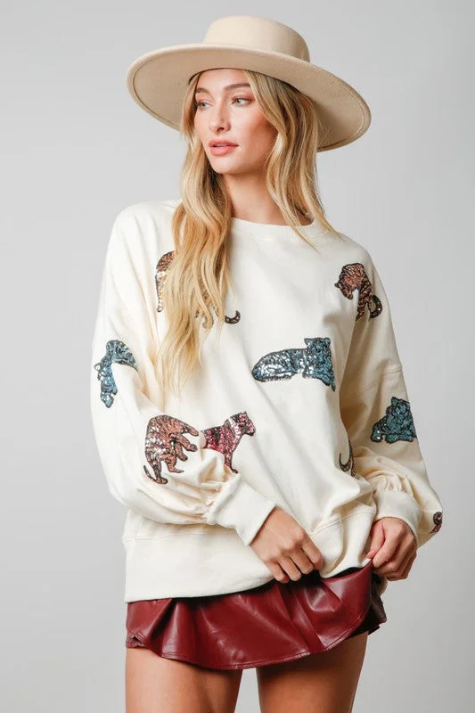 Women's Blouse with High CollarSequin Tiger Print Cream Sweatshirt