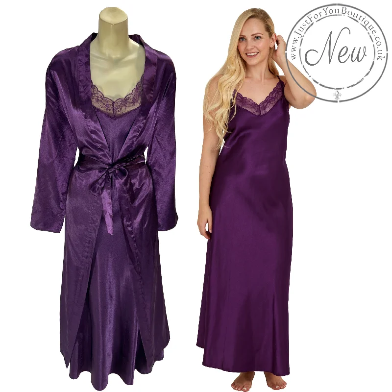 women's pajamas for travelLong Full Length Purple Sexy Satin & Lace Chemise & Wrap Set