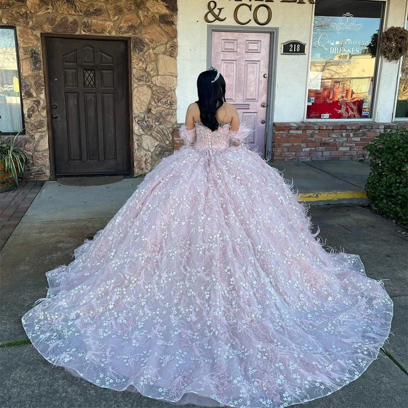 Women's Fit and Flare DressesSweetheart Pink Quinceanera Dresses Tulle Beading Feather Long Sleeve Party Dresses Appliques Lace Up Prom Gown