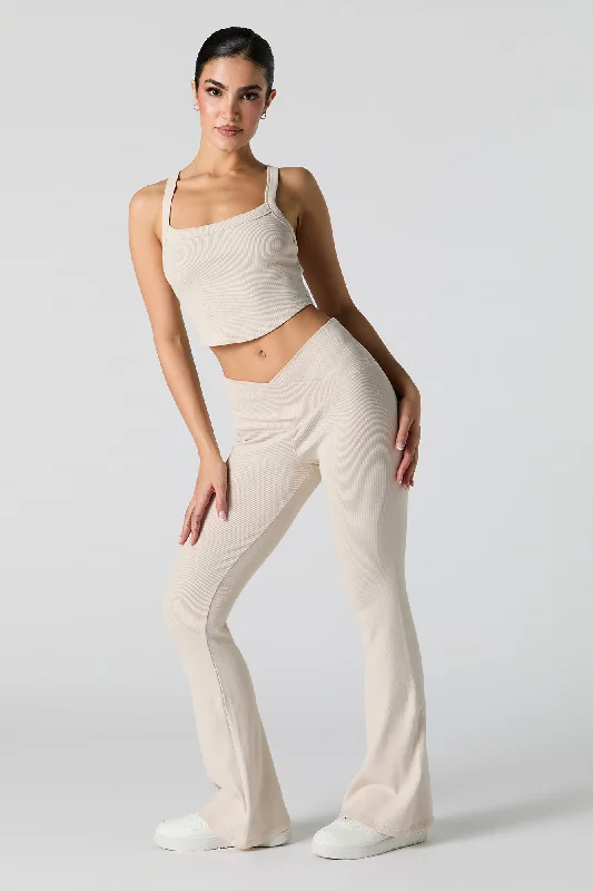 Women's Blouse with U-Shaped CollarActive Ribbed V Waist Flare Pant