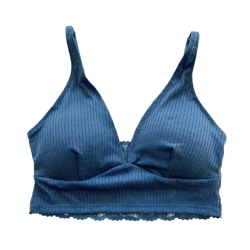 mastectomy bra with pocketsDenim Blue Plunge Ribbed Bralette