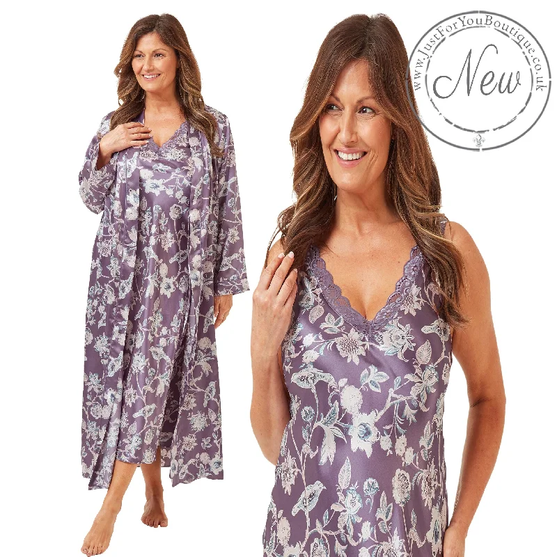 women's pajamas with drawstring waistMatching Lilac Purple Floral Sexy Satin Long Nightdress & Wrap Set Negligee Lingerie PLUS SIZE