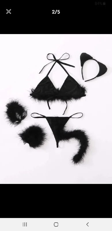 convertible plunge bra with lace trimblack fur kitty set