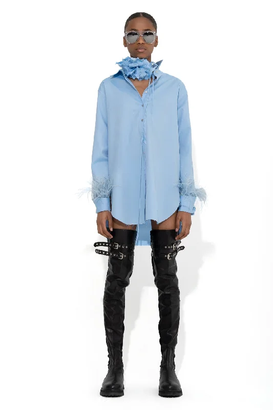 Women's Blouse with High CollarBLUE FEATHER CUFF SHIRT