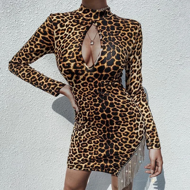 Women's Asymmetrical DressesFashionSierra - Leopard Print Chain Tassels Detail  Dress Women Mock Neck Long Sleeve Bodycon Dress Front Cut Out Slim Fit Mini Dresses