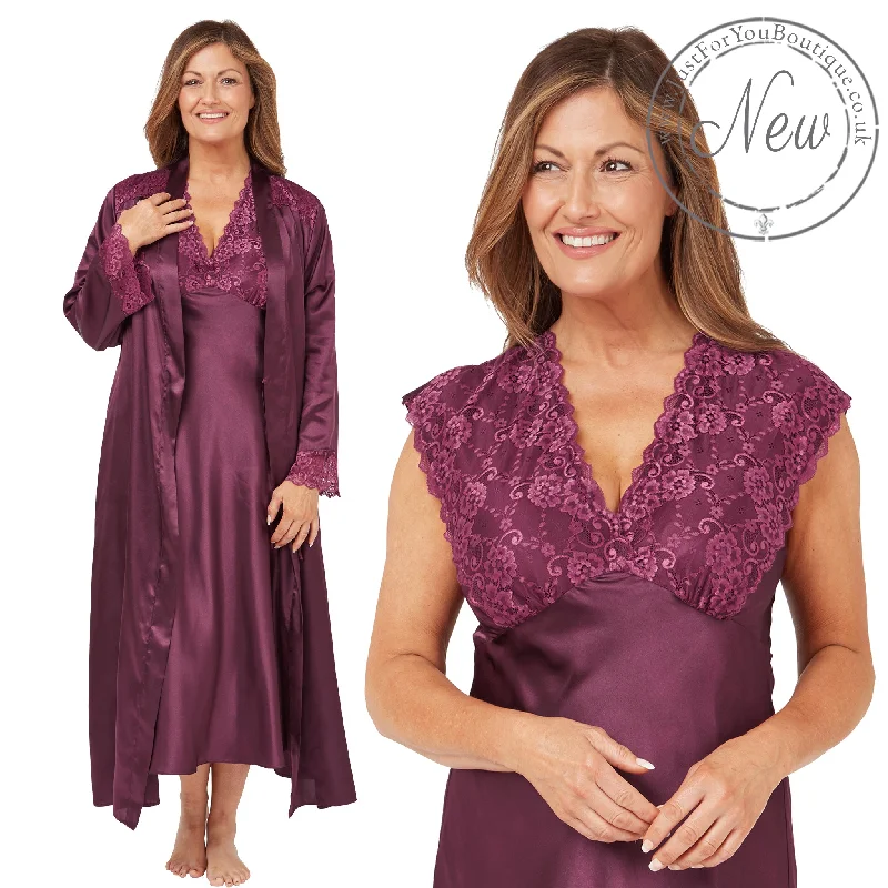 women's pajamas for travelMatching Mulberry Purple Sexy Satin Long Nightdress & Wrap Set Negligee Lingerie PLUS SIZE