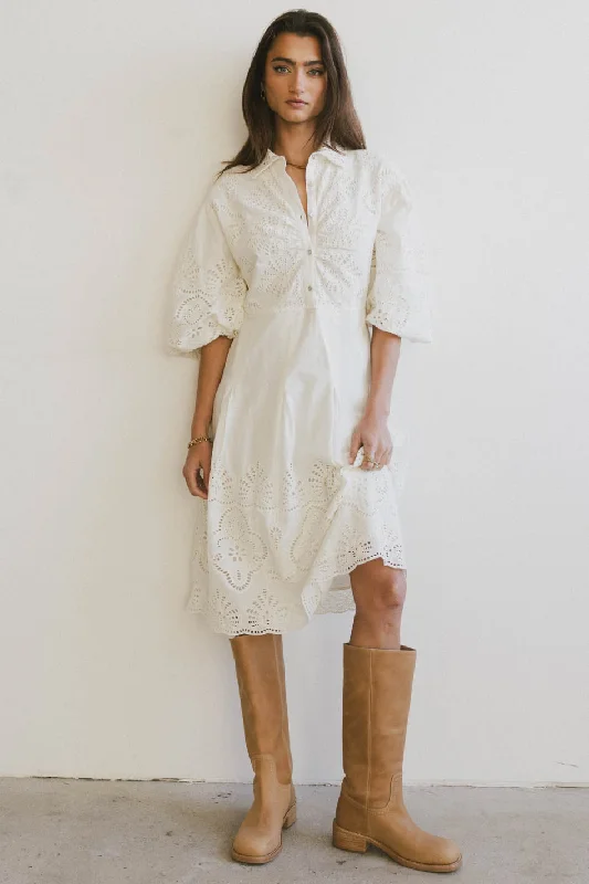 Women's Boat Collar DressesEleanor Eyelet Lace Midi Dress in Cream