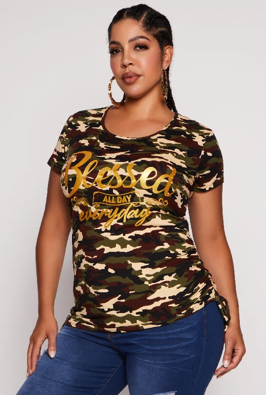 Women's Cotton ShortsPlus Size Camo Blessed All Day Everyday Graphic Tee