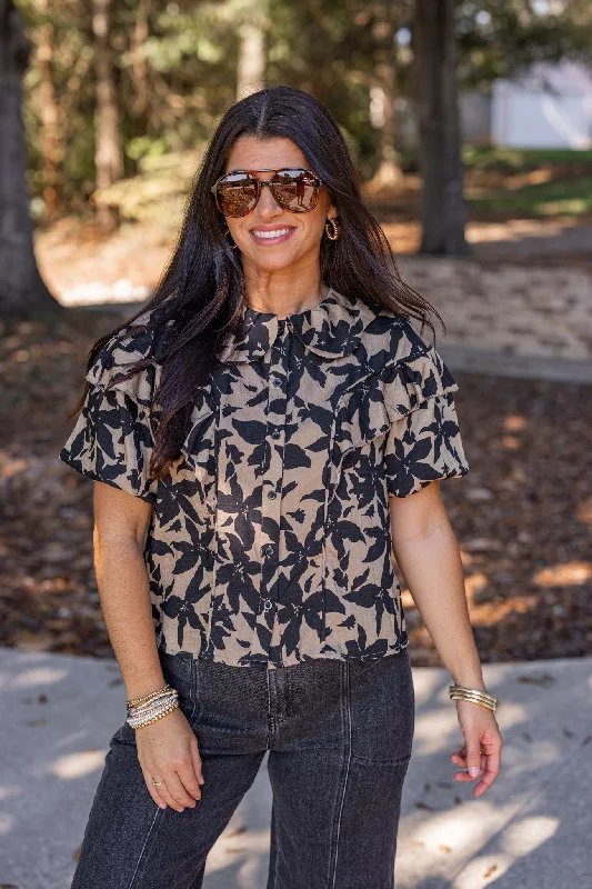 Women's Jumpsuits with Mandarin CollarRefined Florals Taupe Blouse