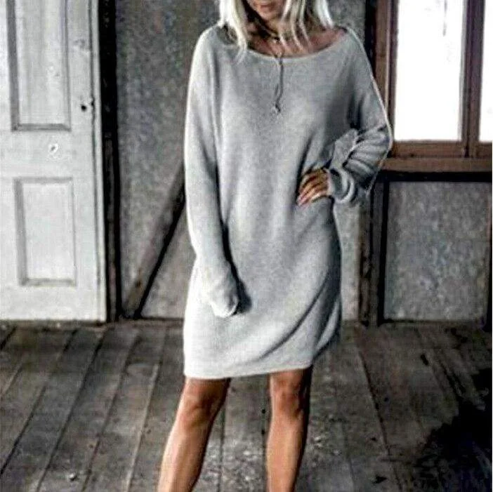 Women's Wide Collar DressesFashionSierra - New Fashion Women O Neck Long Sleeve Dress Solid Color Loose Dress Ladies Casual Warm Mini Dress Winter