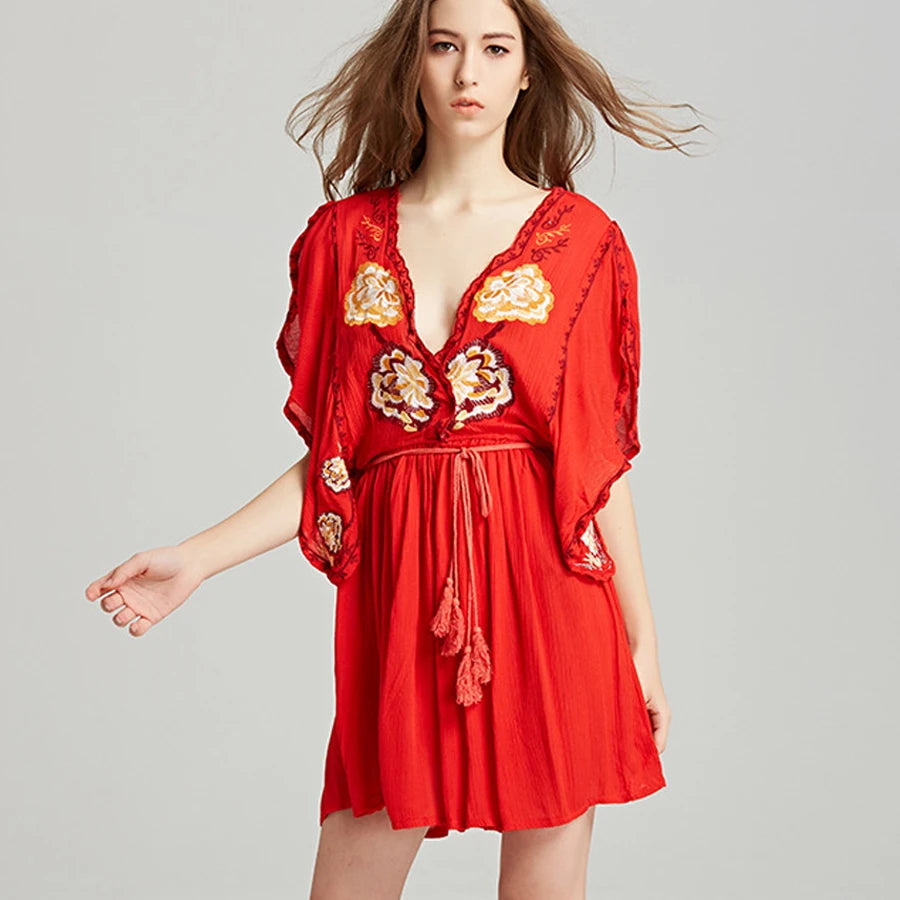 Women's Maxi DressesFashionSierra-Deep V-neck  Sexy  Beach  Floral Embroidery  Summer  Vintage  Cloak Sleeve  Mini  Party Boho Dress