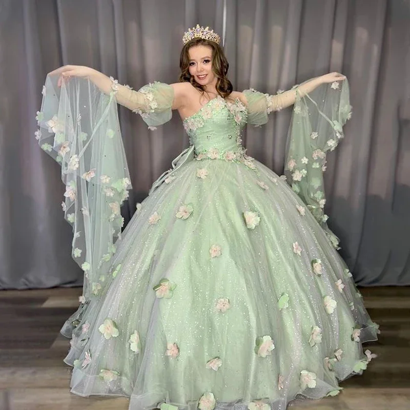 Women's Peter Pan Collar DressesSage Green Off-Shoulder Ball Gown Princess Quinceanera Dress Bead Appliques 3DFlower Glitter Tulle Vestidos De Birthday Party